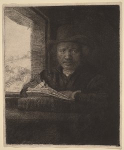 Autorretrato en aguafuerte junto a una ventana de Rembrandt van Rijn