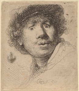 Autorretrato con gorra, boca abierta de Rembrandt van Rijn