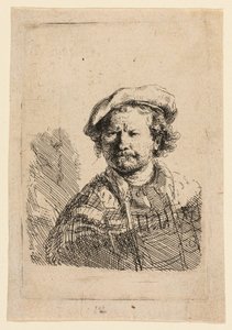 Autorretrato con gorra plana y vestido bordado de Rembrandt van Rijn