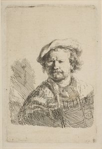 Autorretrato con Gorro Plano y Vestido Bordado de Rembrandt van Rijn