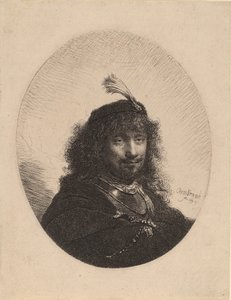 Autorretrato con gorra emplumada y sable bajado de Rembrandt van Rijn