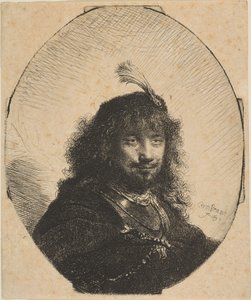 Autorretrato con Gorro de Plumas y Sable Bajado de Rembrandt van Rijn