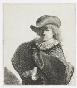Autorretrato con un sombrero suave y una capa estampada de Rembrandt van Rijn