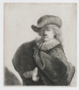 Autorretrato con un sombrero blando y una capa estampada de Rembrandt van Rijn