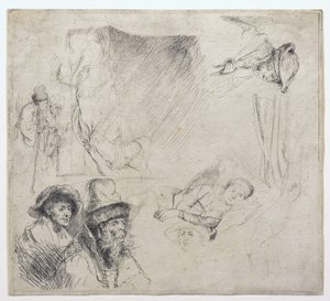 Hoja de estudios (con una mujer acostada enferma en la cama) de Rembrandt van Rijn