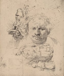 Hoja de estudios con la cabeza del artista, un mendigo, y mujer y niño, 1651