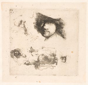 Hoja de estudios: cabeza de Rembrandt, pareja de mendigos, cabezas de anciano y anciana, etc. de Rembrandt van Rijn