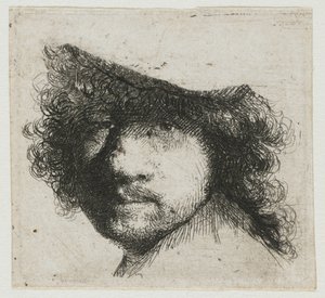 Hoja de estudios: cabeza del artista de Rembrandt van Rijn