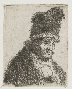 Hoja con estudios de la cabeza de un hombre: anciano con abrigo de piel y gorro alto de Rembrandt van Rijn