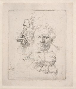 Hoja de bocetos con la cabeza de Rembrandt, un mendigo, una mujer y un niño de Rembrandt van Rijn
