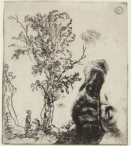 Hoja con dos bocetos: «Un árbol» y «Parte superior de un autorretrato con gorro de terciopelo» de Rembrandt van Rijn