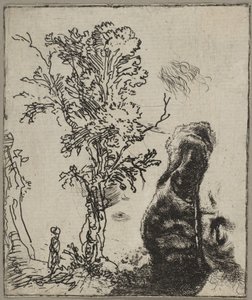 Hoja con dos estudios: un árbol y la parte superior de una cabeza de Rembrandt con un sombrero de terciopelo, ca. 1642