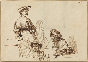 Bocetos de una taberna: Mujer de pie y dos hombres sentados de Rembrandt van Rijn