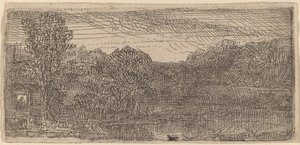 Pequeño paisaje gris: una casa y árboles junto a un estanque de Rembrandt van Rijn