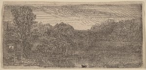 Pequeño paisaje gris: una casa y unos árboles junto a una piscina de Rembrandt van Rijn
