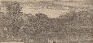 Pequeño paisaje gris: una casa y árboles junto a un estanque de Rembrandt van Rijn