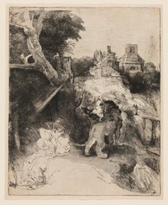 San Jerónimo leyendo en un paisaje italiano de Rembrandt van Rijn