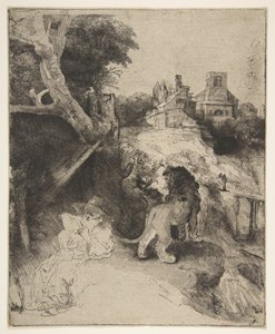 San Jerónimo leyendo en un paisaje italiano de Rembrandt van Rijn