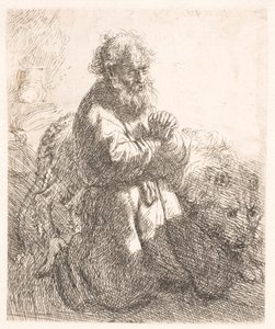 San Jerónimo arrodillado en oración, mirando hacia abajo de Rembrandt van Rijn