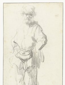 Hombre de pie con una bolsa de Rembrandt van Rijn