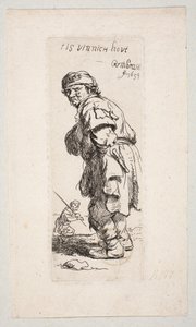 Un campesino de pie, mirando hacia la izquierda, y una figura con un palo al fondo: «Tis vinnich Kout» de Rembrandt van Rijn