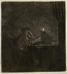 Estudiante en una mesa a la luz de las velas de Rembrandt van Rijn