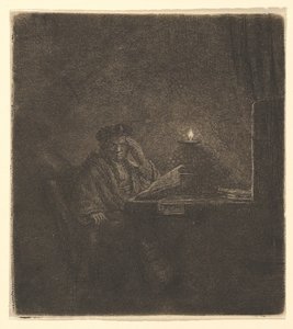 Estudiante en una mesa a la luz de las velas de Rembrandt van Rijn