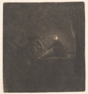 Un estudiante sentado a una mesa a la luz de una vela de Rembrandt van Rijn