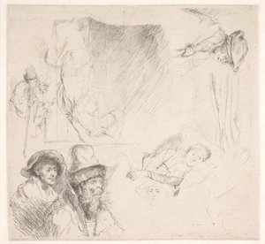 Hoja de estudio, incluyendo una mujer en cama de Rembrandt van Rijn