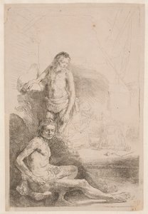 Estudios de desnudos: un hombre sentado y otro de pie; con una mujer y un bebé esbozados ligeramente al fondo de Rembrandt van Rijn