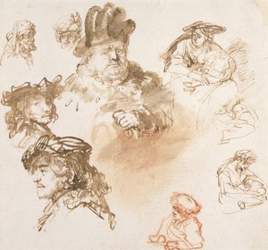 Estudios de cabezas de ancianos y tres mujeres con niños, c.1635-36 de Rembrandt van Rijn