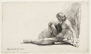 Estudio de desnudo (Hombre sentado en el suelo) (Bartsch 196, segunda de dos versiones; H. 221; Muntz 137 II) de Rembrandt van Rijn