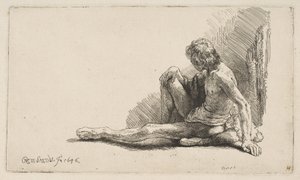 Estudio del desnudo: Hombre sentado en el suelo, con una pierna extendida de Rembrandt van Rijn