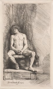 Estudio de desnudo: hombre sentado ante una cortina de Rembrandt van Rijn