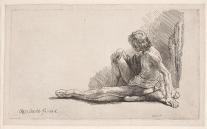 Estudio de desnudo: hombre sentado en el suelo con una pierna estirada de Rembrandt van Rijn