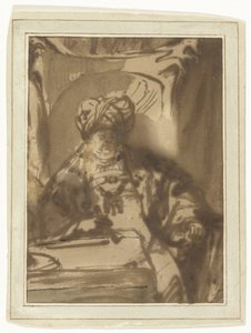 El actor Willem Bartholsz Ruyter interpretando al rey Asuero en su trono de Rembrandt van Rijn
