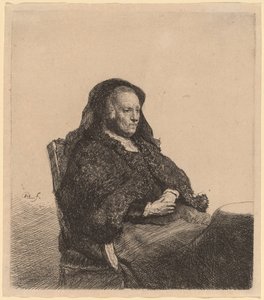 La madre del artista sentada en una mesa, mirando a la derecha de Rembrandt van Rijn