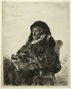 La madre del artista sentada a la mesa, mirando a la derecha: Tres cuartos de largo de Rembrandt van Rijn