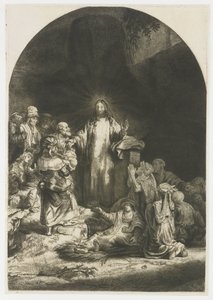 La estampa de los cien florines: la pieza central con Cristo predicando, la placa arqueada de Rembrandt van Rijn