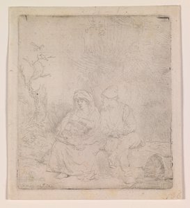 El descanso durante el vuelo (grabado a la acuarela) de Rembrandt van Rijn