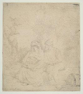 El descanso en la huida a Egipto, ligeramente grabado de Rembrandt van Rijn