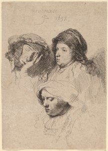 Tres cabezas de mujeres, una dormida de Rembrandt van Rijn