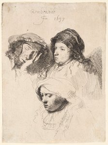 Tres cabezas de mujeres, una dormida de Rembrandt van Rijn