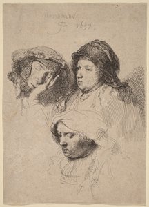 Tres rostros de mujer, una dormida de Rembrandt van Rijn