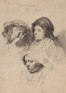 Tres Cabezas de Mujeres, Una Dormida, 1637 de Rembrandt van Rijn