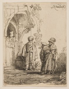 Tres figuras orientales (¿Jacob y Labán?) de Rembrandt van Rijn