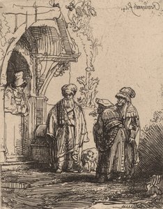 Tres figuras orientales Jacob y Laban de Rembrandt van Rijn