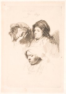 Tres cabezas de mujeres, una dormida de Rembrandt van Rijn