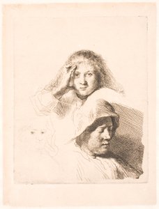 Tres cabezas de mujeres, una ligeramente grabada de Rembrandt van Rijn