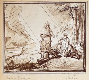 La Transfiguración de Cristo, dibujo a pluma por Rembrandt, Holanda, s.f. siglo XIX
